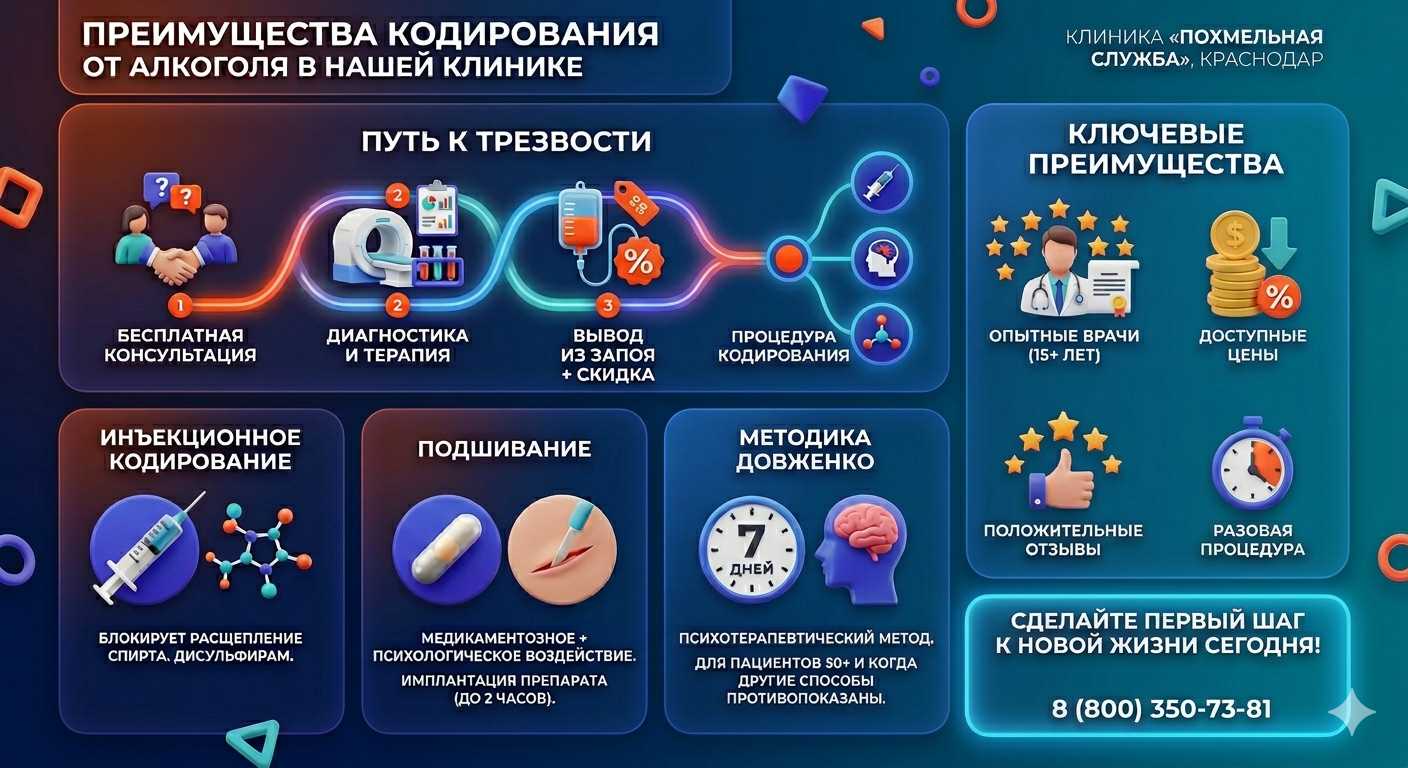 Инфографика о методах кодирования от алкоголя в Красногвардейском: инъекции, подшивание, метод Довженко. Преимущества клиники и этапы лечения.