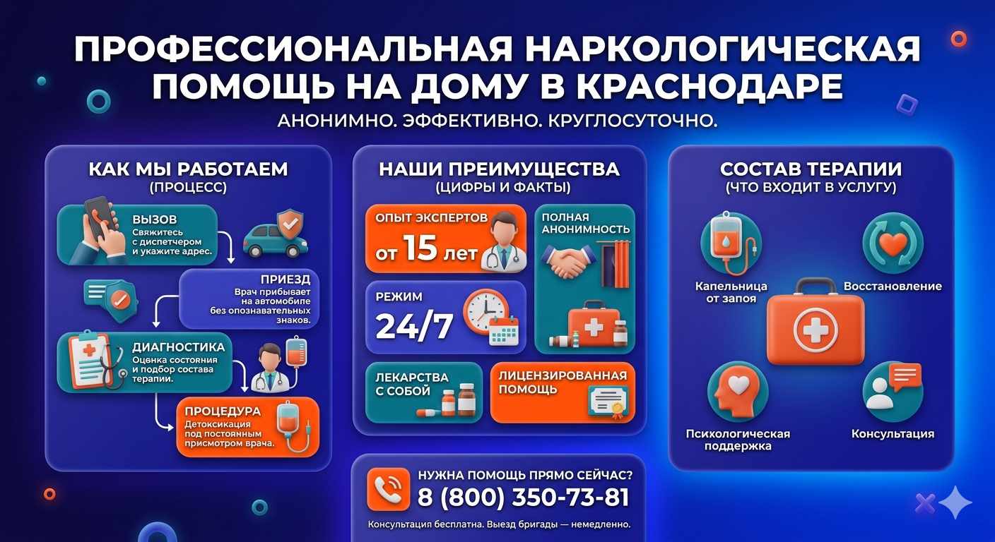 Инфографика о принципах лечения алкоголизма на дому в Красногвардейском: этапы вызова нарколога, преимущества анонимной детоксикации и состав медицинской помощи.